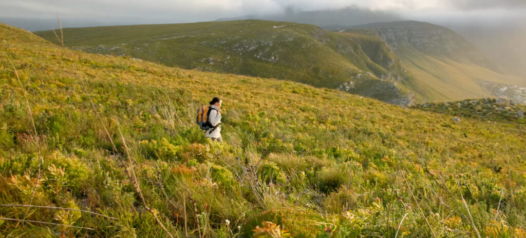 Frau läuft während einer Wanderung im Gebirge in der Natur